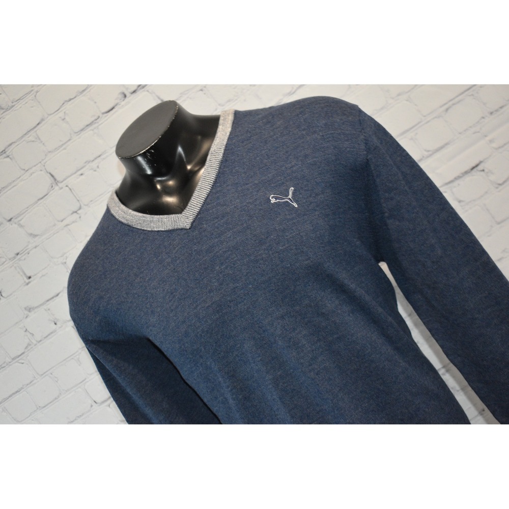 Puma Sweater Men XL Blue V-Neck Cotton Wool Blend Long Sleeve Logo